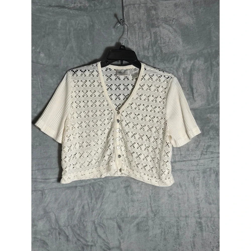 Kathie Lee Collection Cream Crochet Knit Short Sleeve Cardigan‎ Vintage Sz 10